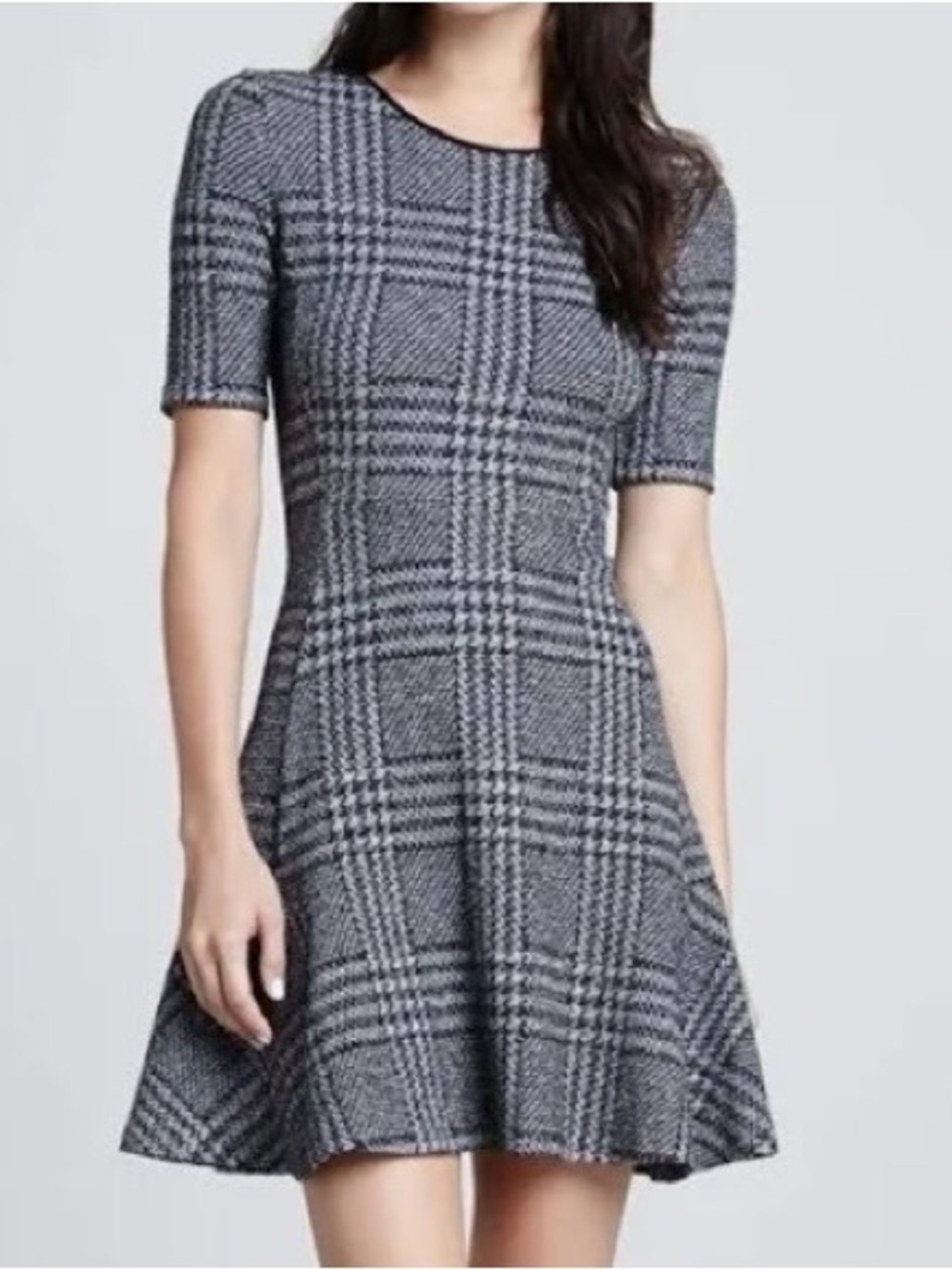 Theory Nikay Houndstooth Fit & Flare Dress Size 6 Black Grey Check Sweater Dress